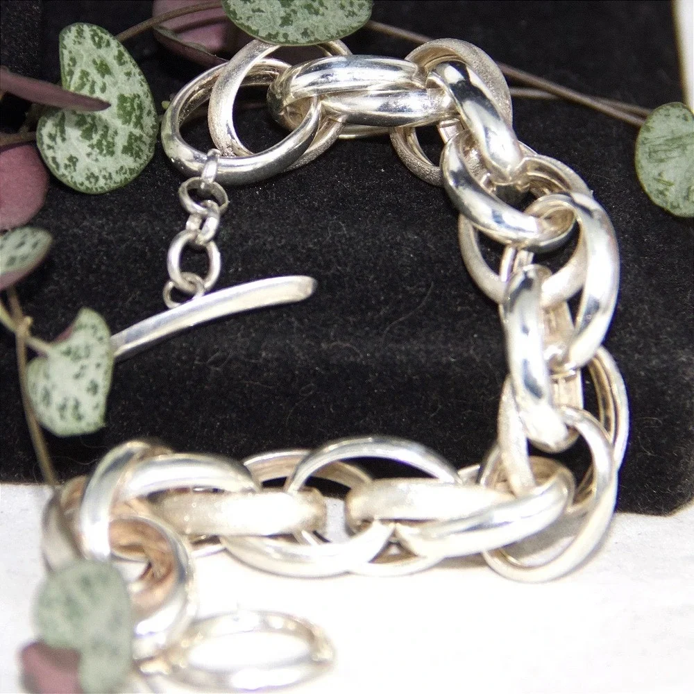Heavy Italian Sterling Silver 925 Chunky Textured Link Toggle Bracelet
